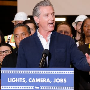 Burbank, CA - July 02: California Governor Gavin Newsom speaks a press conference to unveil the successful passage a $750 million film and TV tax credit to keep production local and protect Hollywood jobs at The Ranch on Wednesday, July 2, 2025 in Burbank, CA.