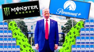 A photo illo illustration of Donald Trump in front of the UFC White House, money bags, Monster energy, Paramount+ and Bud Light.