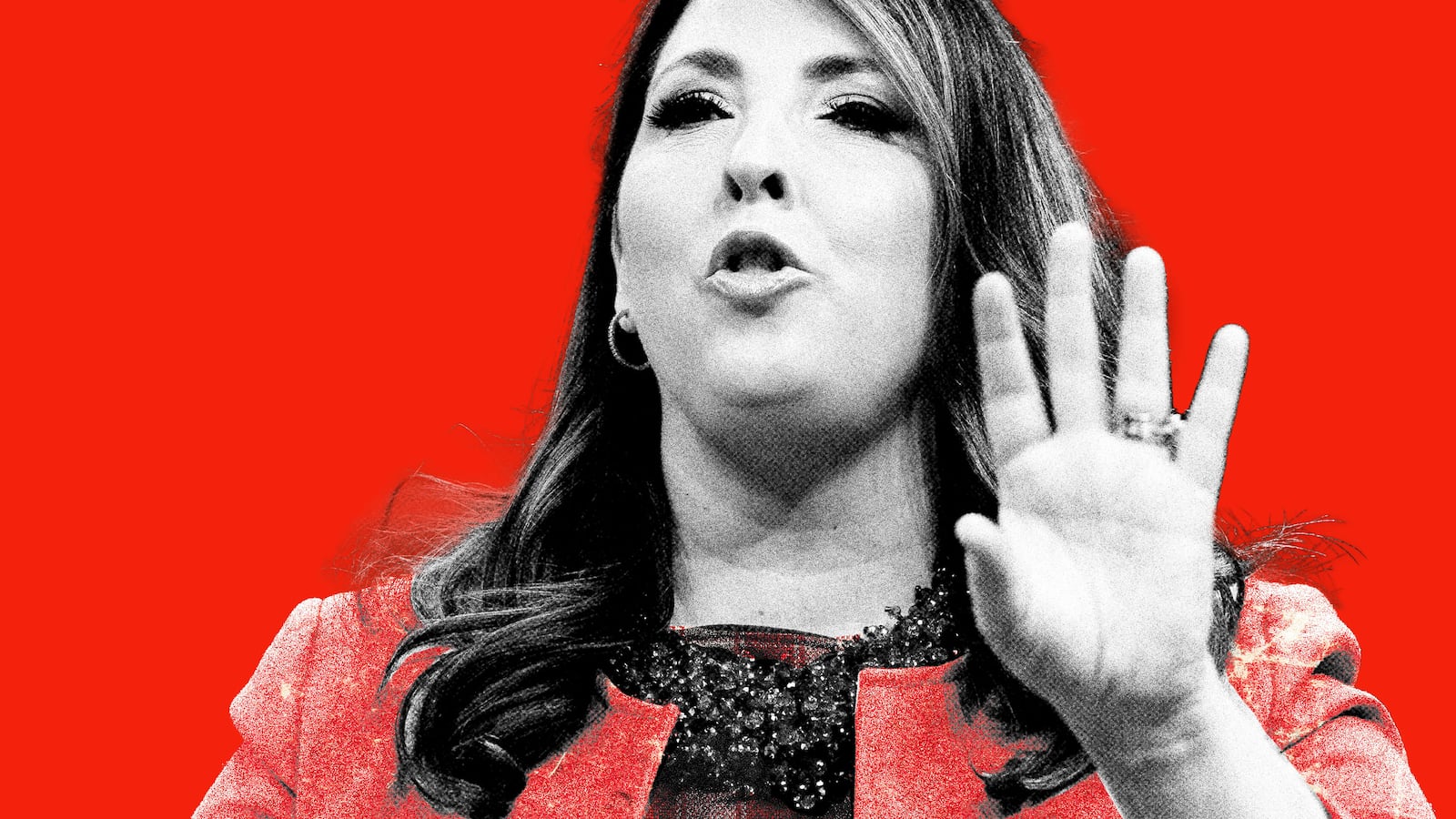 Photo illustration of Ronna McDaniel on a red background