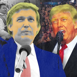 A photoillustration illo of Donald Trump at Trump Taj Mahal during his birthday party on June 26, 1990, and Donald Trump speaking during a rally to kick off the Great American State Fair on the National Mall on June 24, 2026 in Washington, DC.