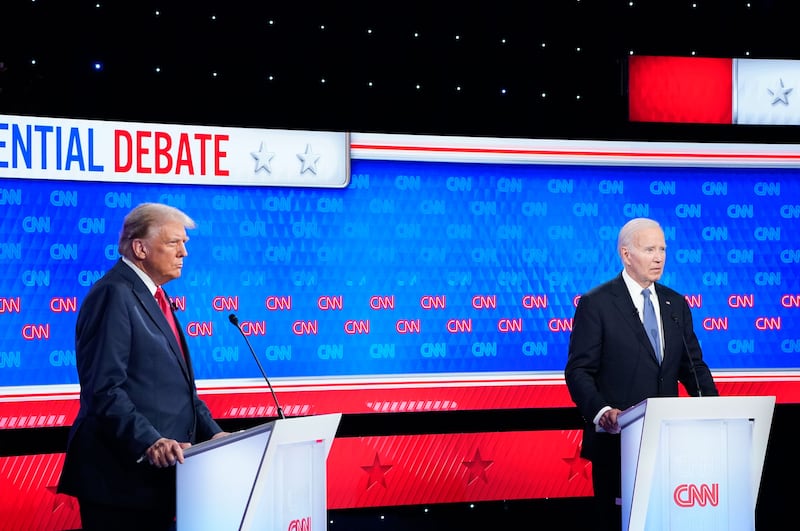 Former president Donald Trump  and President Joe Biden participate in the first presidential debate of the 2024 elections at CNN's studios in Atlanta, Ga on Thursday, June 27, 2024. The debate was moderated by CNN's Jake Tapper and Dana Bash.