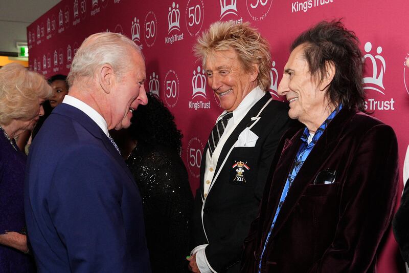 King Charles III meets with Rod Stewart and Ronnie Wood, as he attends A King's Trust Celebration to mark the 50th anniversary of the charity, at the Royal Albert Hall, London, Britain, May 11, 2026.