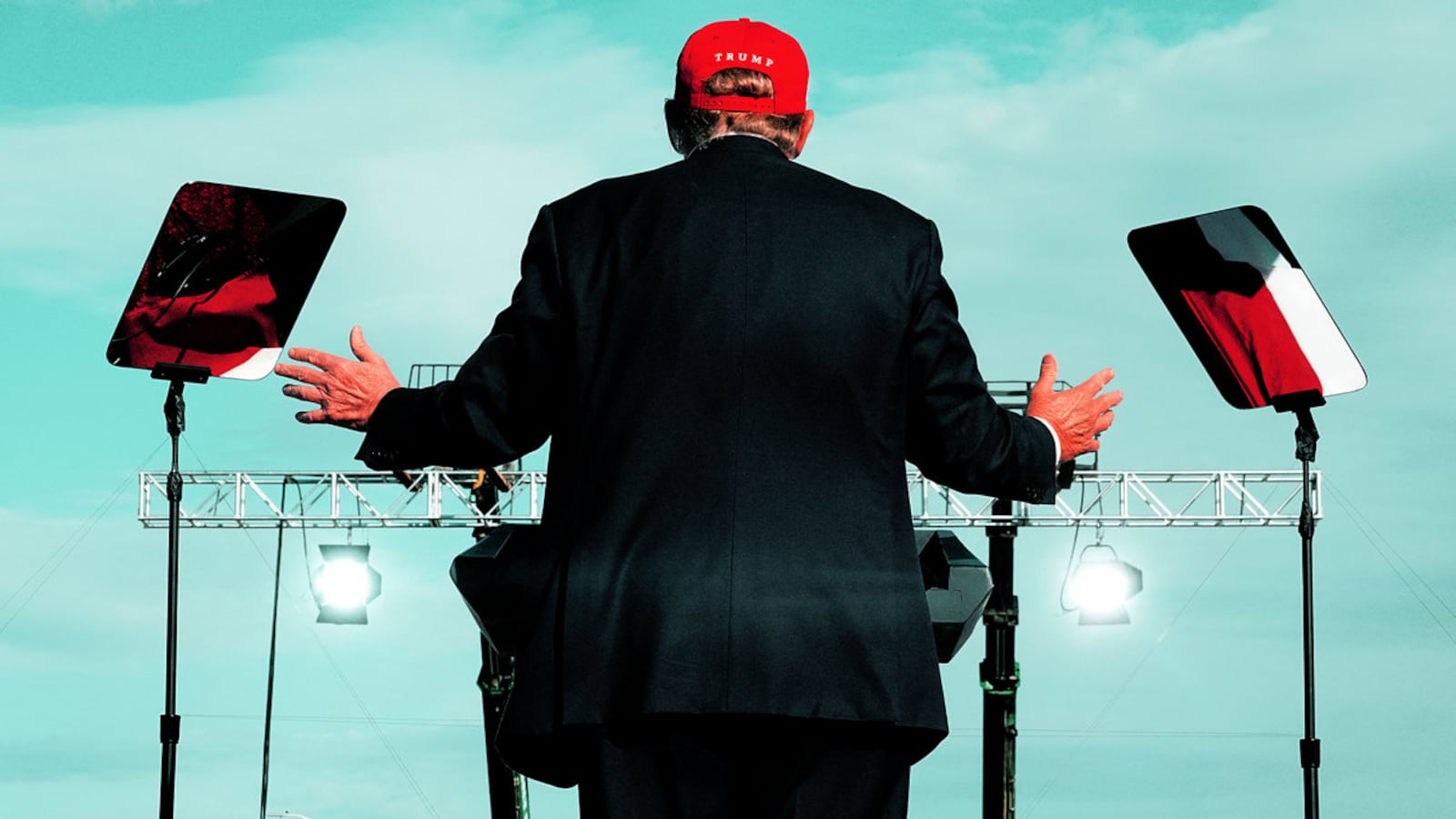 An illustration including a photo of former U.S. President Donald Trump wearing a MAGA hat