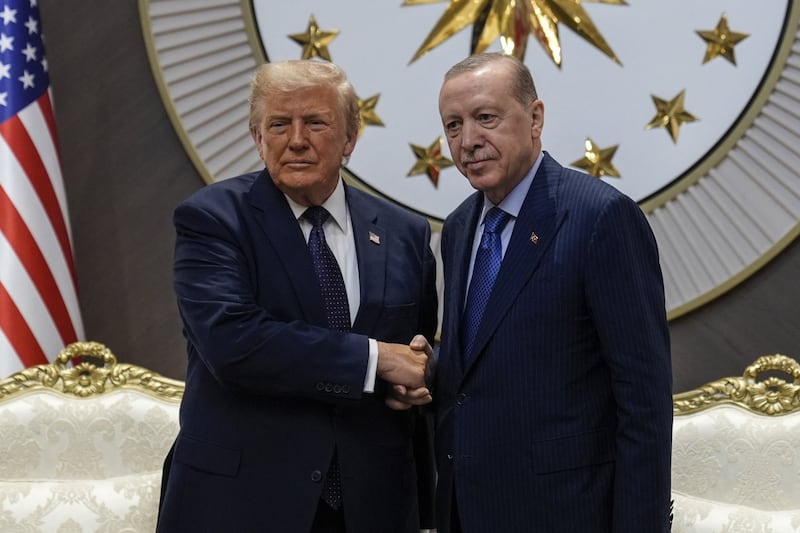 Turkish President Recep Tayyip Erdogan welcomes US President Donald Trump, who is paying an official visit to Turkiye ahead of the 36th NATO Heads of State and Government Summit, at Ankara Airport in Ankara, Turkiye, on July 07, 2026.