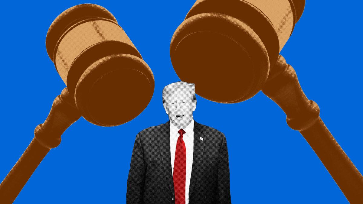 A photo illustration shows Donald Trump with two gavels looming over his head