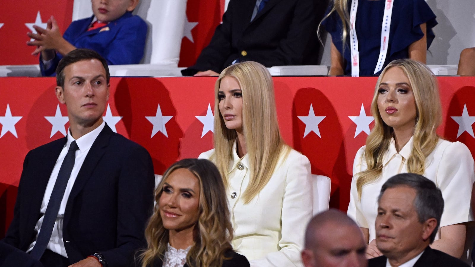 MILWAUKEE, WISCONSIN - JULY 18: Jared Kushner, son-in-law of former U.S. President Donald Trump, Ivanka Trump and Tiffany Trump, daughters of former U.S. President Donald Trump, look on during the fourth day of the Republican National Convention at the Fiserv Forum on July 18, 2024 in Milwaukee, Wisconsin. Delegates, politicians, and the Republican faithful are in Milwaukee for the annual convention, concluding with former President Donald Trump accepting his party's presidential nomination. The RNC takes place from July 15-18. (Photo by Leon Neal/Getty Images)