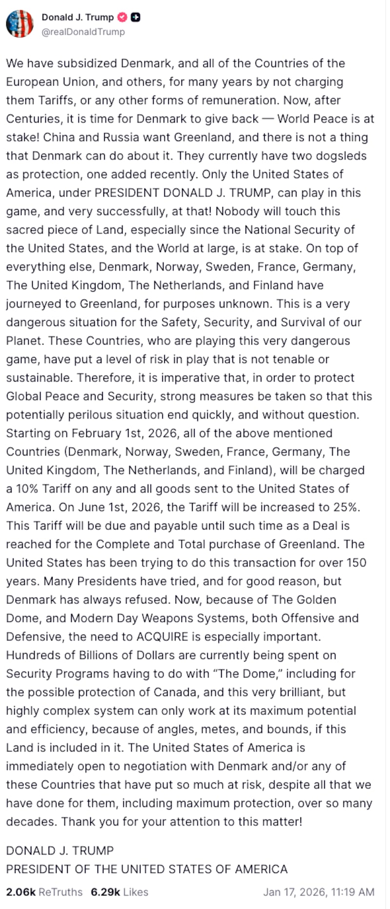 A January 17 Truth Social post from President Donald Trump detailing new tariffs on U.S.'s closest allies.