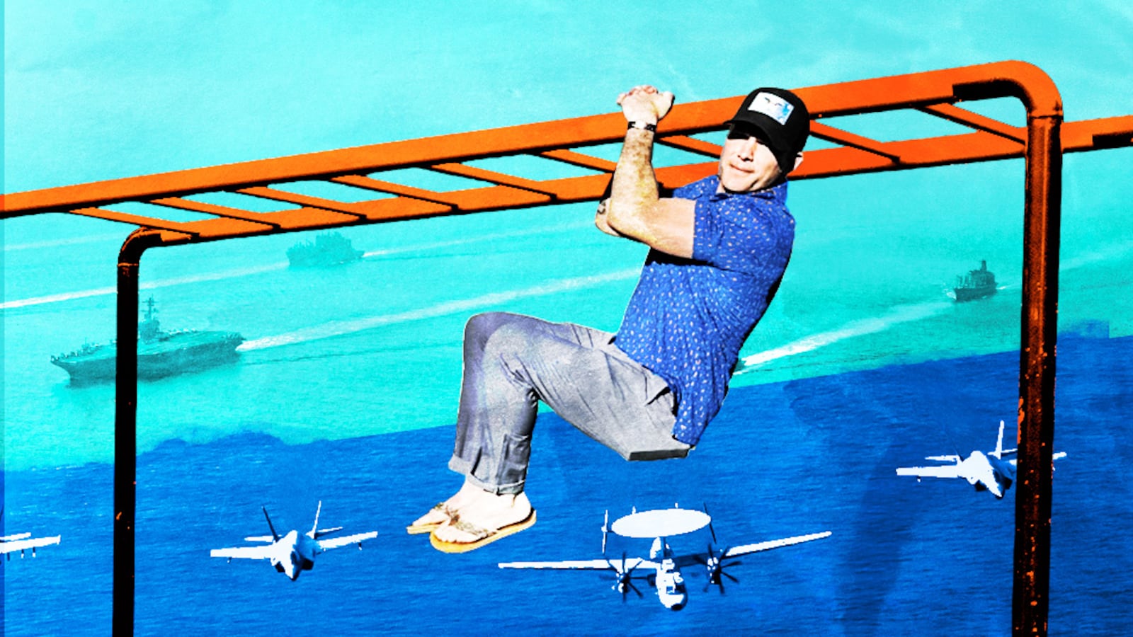 Pete Hegseth hangs on monkey bars with military craft in the background.