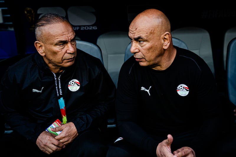 SEATTLE, WASHINGTON - JUNE 26: Hossam Hassan, Head coach of Egypt and Ibrahim Hassan, team director before the FIFA World Cup 2026 Group G match against IR Iran at Seattle Stadium on June 26, 2026 in Seattle, Washington. (Photo by Jane Gershovich/ISI Photos/ISI Photos via Getty Images)