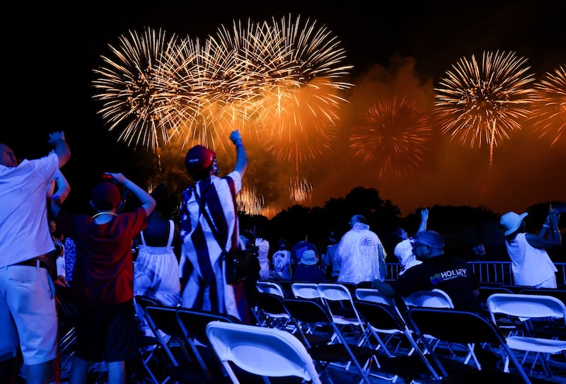 People watch a fireworks display that is attempting the largest firework display in history with 850,000 fireworks, at a Fourth of July rally featuring U.S. President Donald Trump, marking the 250th anniversary of U.S. independence, on the National Mall in Washington, D.C., U.S., July 5, 2026. REUTERS/Evan Vucci
