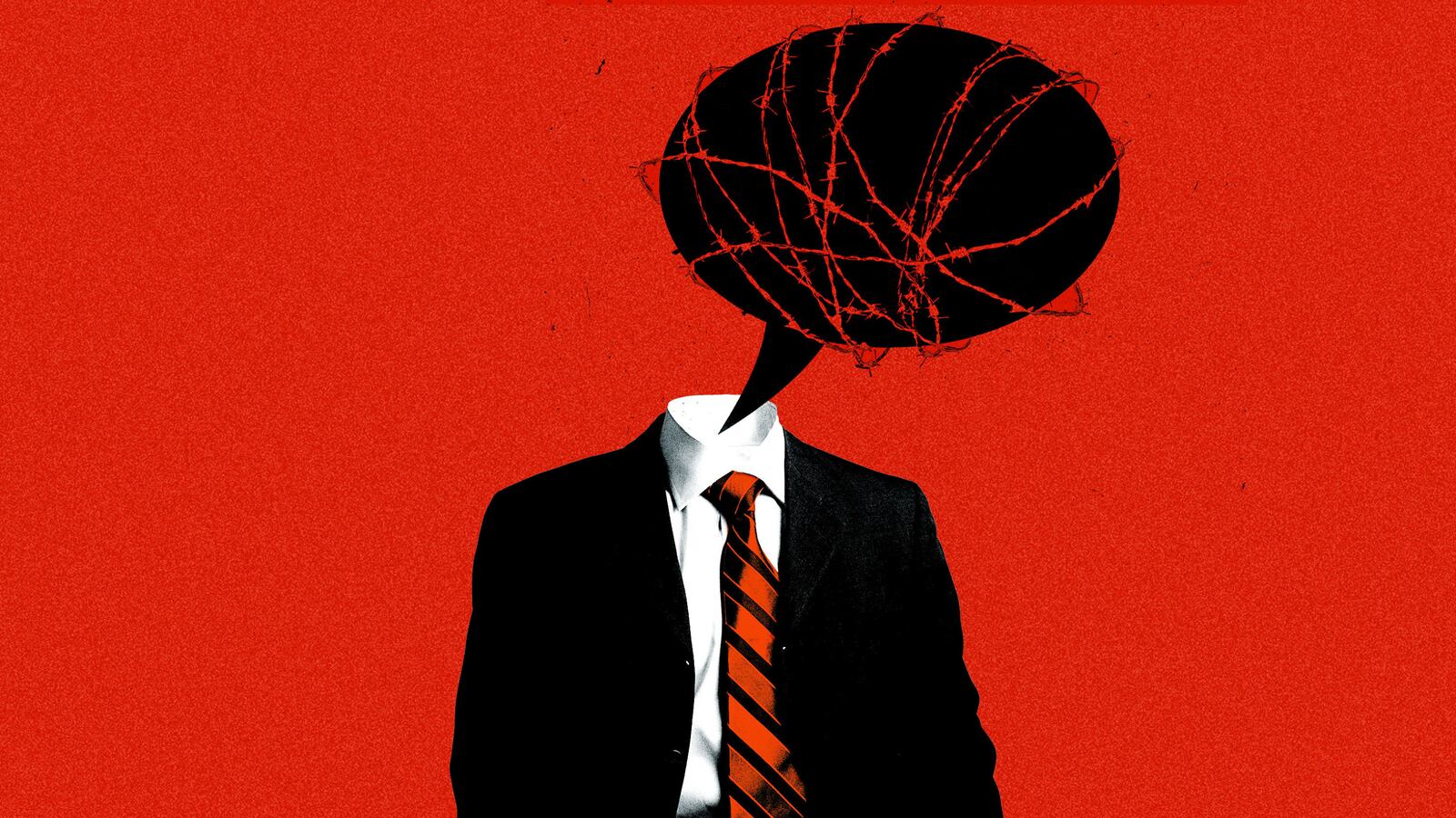 An illustration including a photo of a floating suit with a chat bubble wrapped in barbed wire