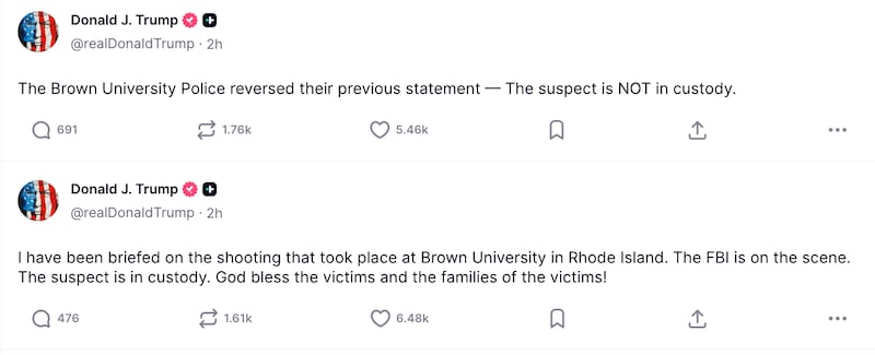 Trump Truth Social posts about Brown University shooting
