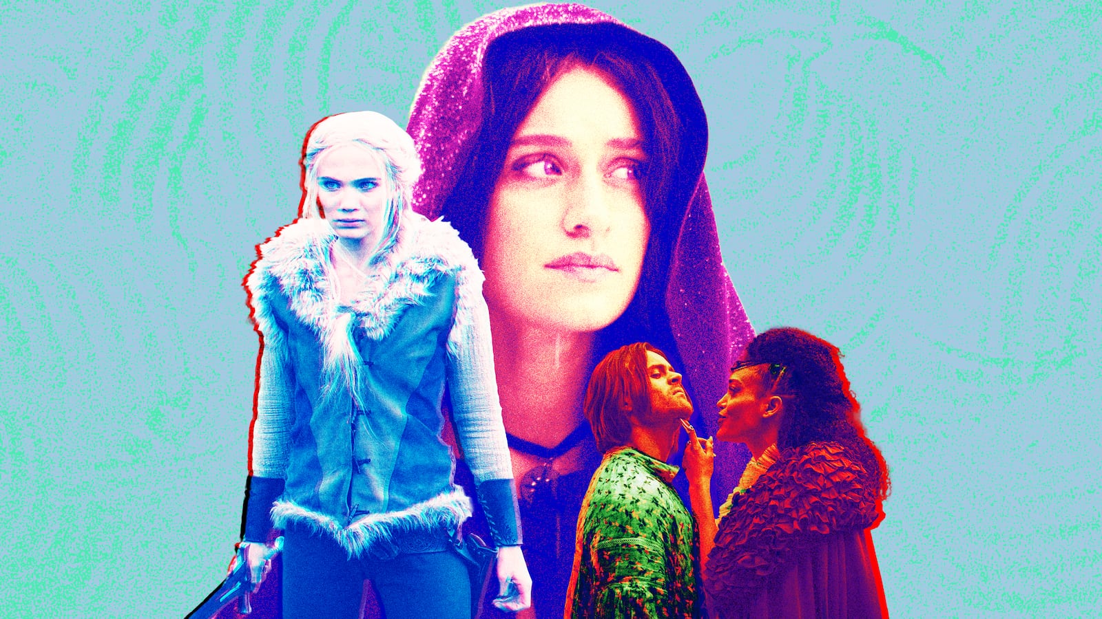 A photo illustration of Freya Allan, Anya Chalotra, Joey Batey, and Cassie Clare.