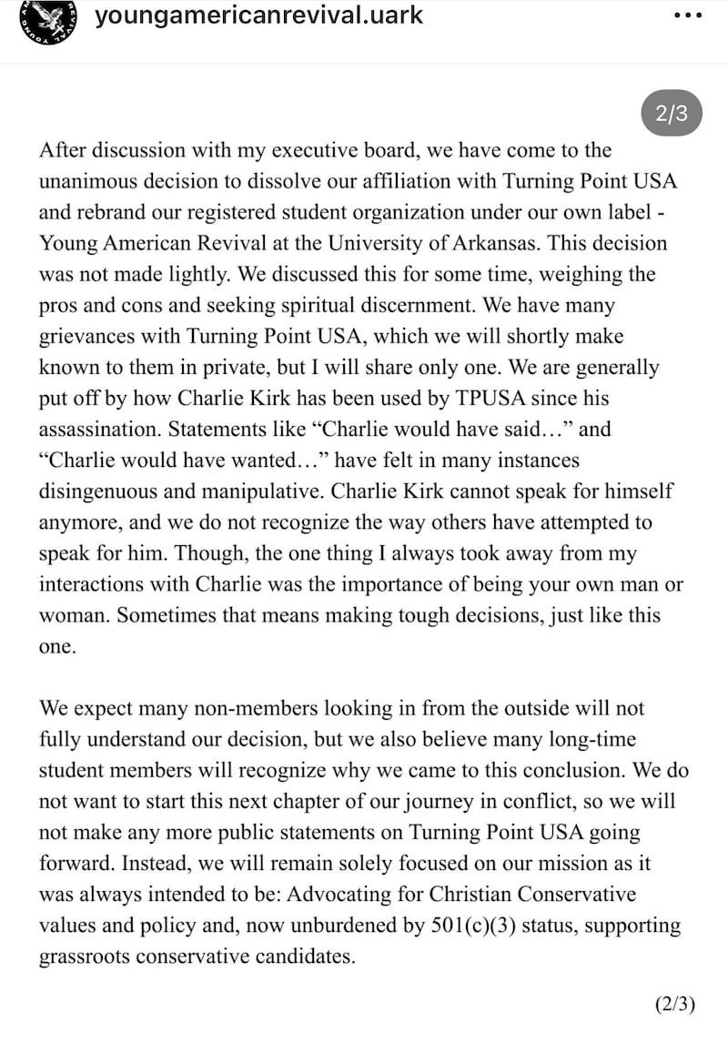 The former TPUSA branch released this statement on Tuesday.