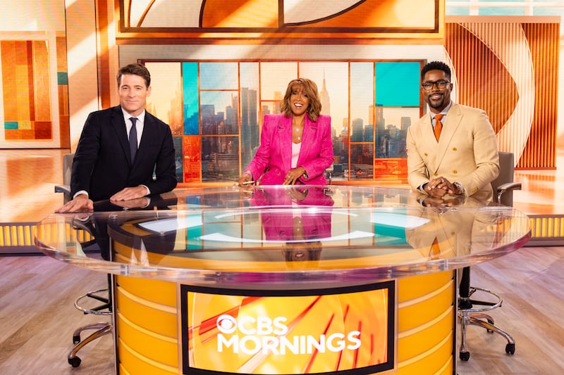 Tony Dokoupil, Gayle King, and Nate Burleson at the “CBS Mornings” studio.
