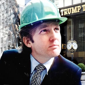 A photo composite of Donald Trump in 1980 at the Trump Tower construction site and the former Bonwit Teller Fifth Avenue store.