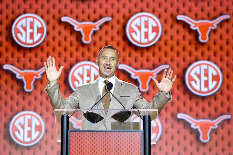 Jul 23, 2026; Tampa, FL, USA; Texas Longhorns head coach Steve Sarkisian speaks to the press during SEC Football Kickoff Media Day at the Tampa Marriott. Mandatory Credit: Nathan Ray Seebeck-Imagn Images