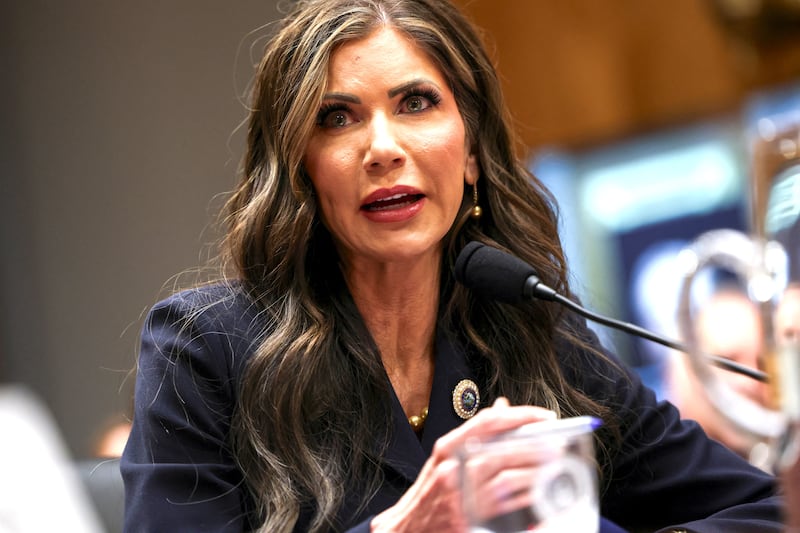 Kristi Noem testifies during a Senate Homeland Security and Governmental Affairs Committee confirmation hearing on Capitol Hill in Washington, U.S., January 17, 2025.