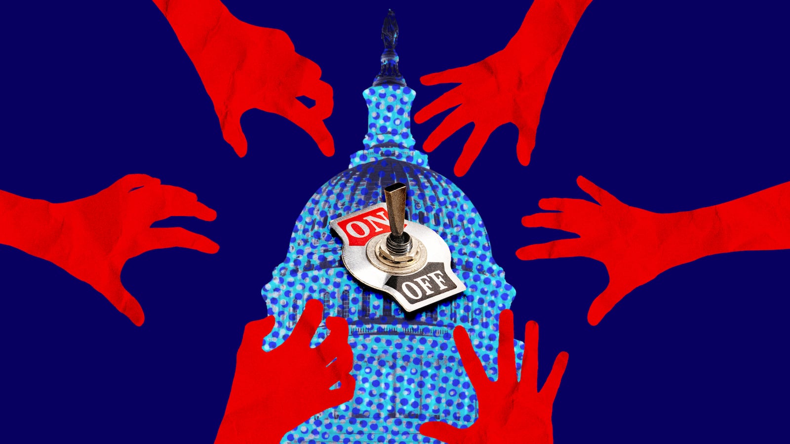 A photo illustration of red hands reaching for an off switch on Congress.