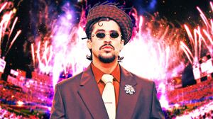 A photo illustration of Bad Bunny in front of a Super Bowl Halftime show.