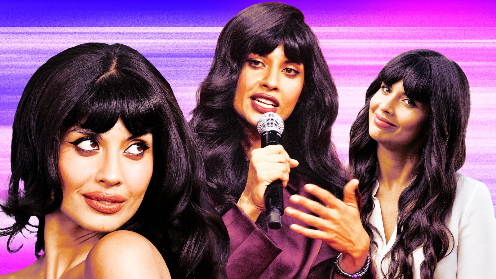 A photo illustration of Jameela Jamil on a purple background.