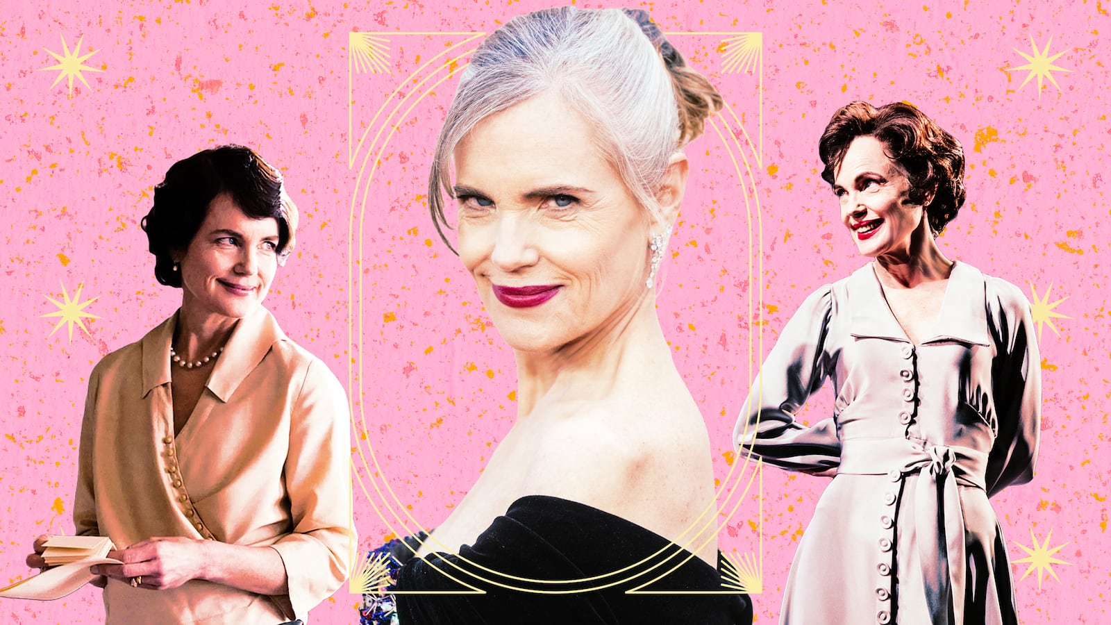 A photo illustration of Elizabeth McGovern in Downton Abbey and Ava broadway.