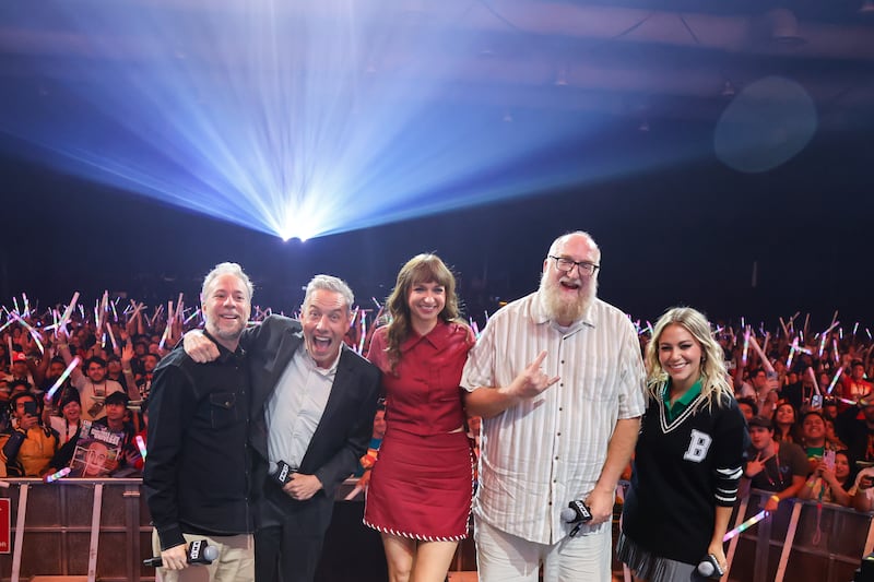 Kevin Sussman, John Ross, Lauren Lapkus, Brian Posehn and Gaby Cam pose for a photo as part of the CCXP Mexico 2026 at Centro Banamex on April 26, 2026 in Mexico City, Mexico.