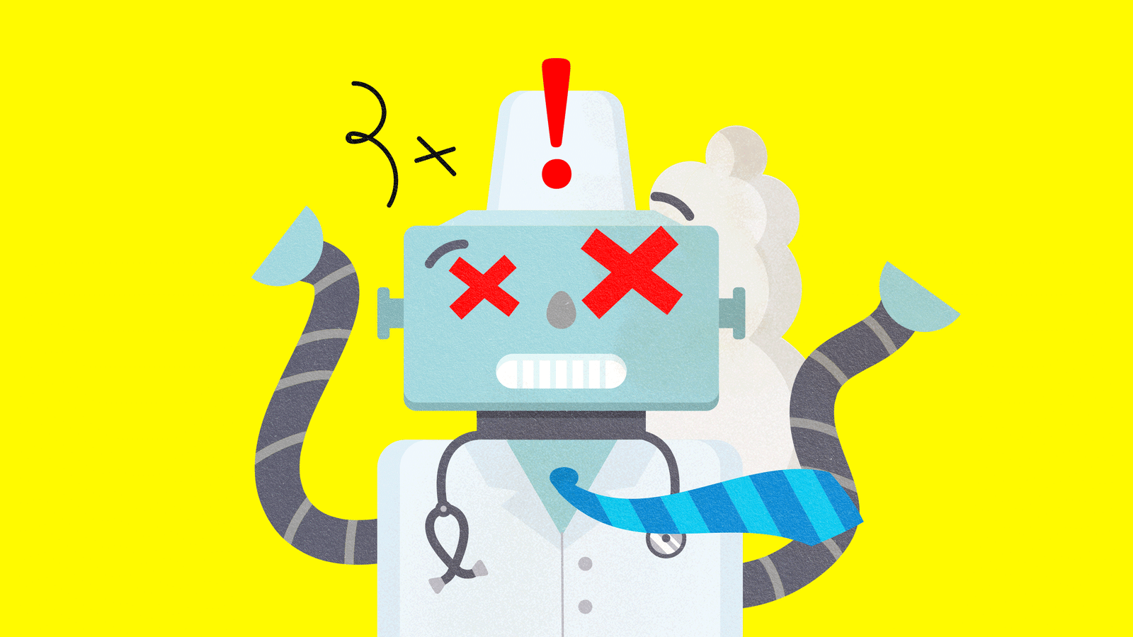 An illustration of a robot doctor malfunctioning
