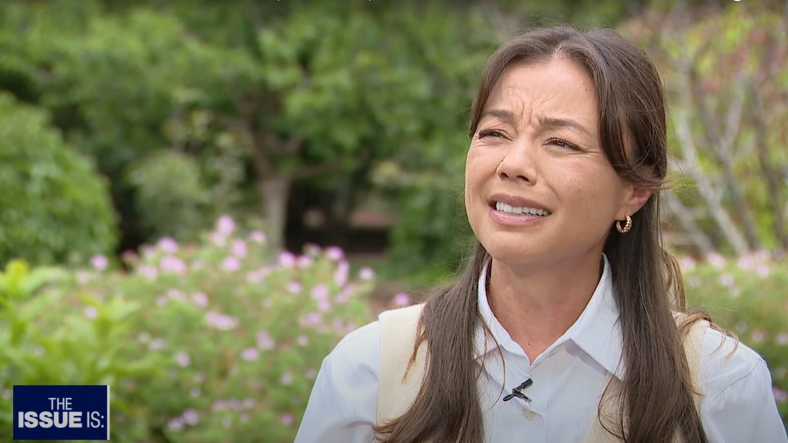 Nicole Shanahan speaks during a TV interview outside in California.
