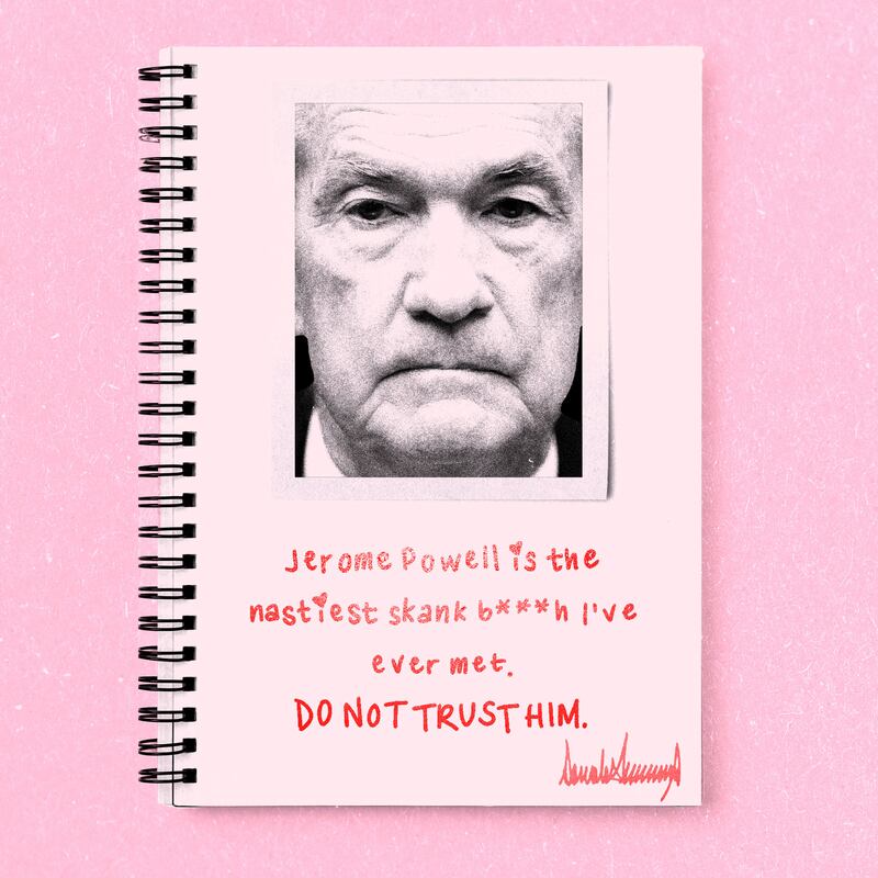 Jerome Powell's picture in a notebook with text reading "Jerome Powell is the nastiest skank b***h I've ever met. DO NOT TRUST HIM." on a pink background