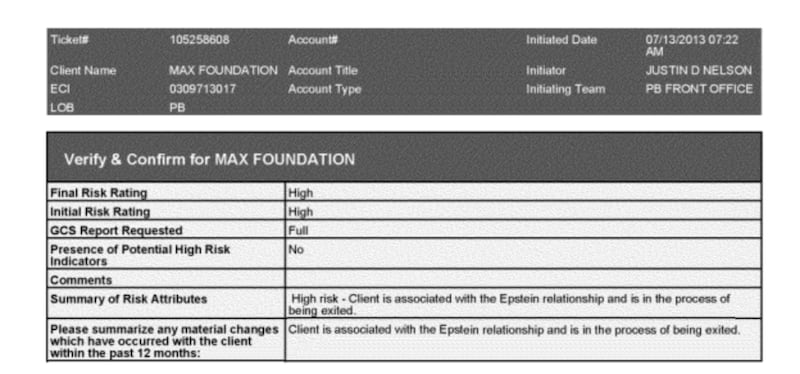 One bank memo for Ghislaine Maxwell's entity Max Foundation found in the document dump stated that she was “high risk” due to her connection with convicted sex trafficker Jeffrey Epstein.