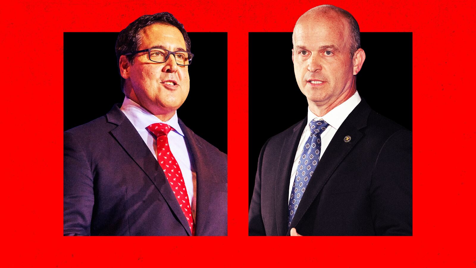 A photo illustration of Heritage Foundation's Paul Dans and Kevin Roberts.