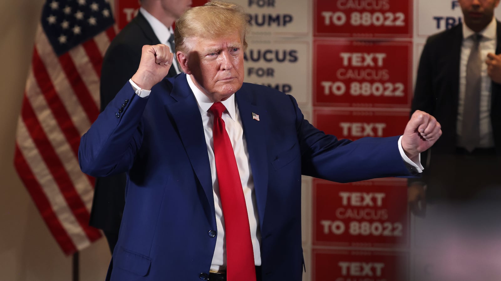 Republican presidential candidate former President Donald Trump departs a rally on in Sioux Center, Iowa.