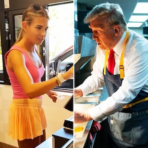 Kai Trump and Donald Trump working at Dunkin and McDonalds.