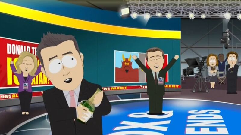 South Park, the Fox News crew celebrating the revelation that Satan is pregnant with Trump's child.