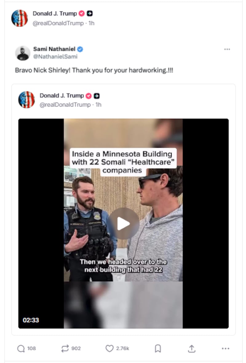 Trump re-shares praise for the YouTuber Nick Shirley, who has propagated Minnesota day-care center fraud claims.