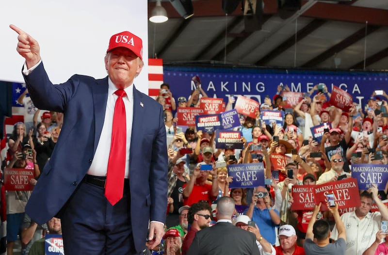 U.S. President Donald Trump attends a campaign rally in support of Republican U.S. Senate candidate Michael Whatley, at Gastonia Municipal Airport in Gastonia, North Carolina, U.S., September 16, 2026.