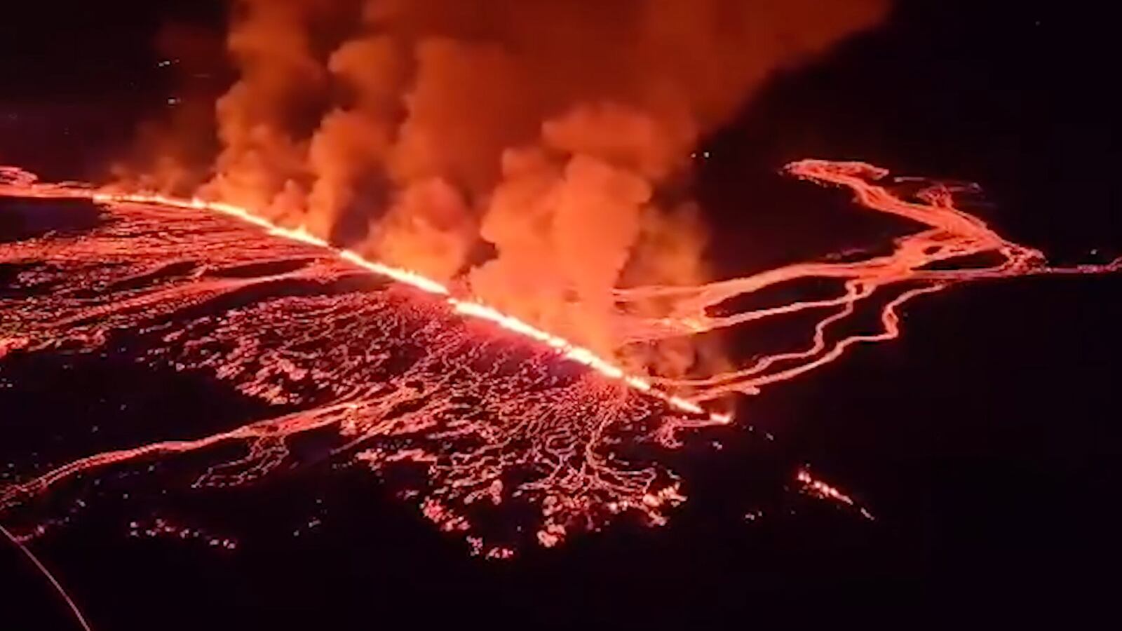 A screen grab from a video shows volcanic eruption occurred for the fourth time in the last 3 months near the town of Grindavik, located in Iceland's Reykjanes Peninsula on March 17, 2024.