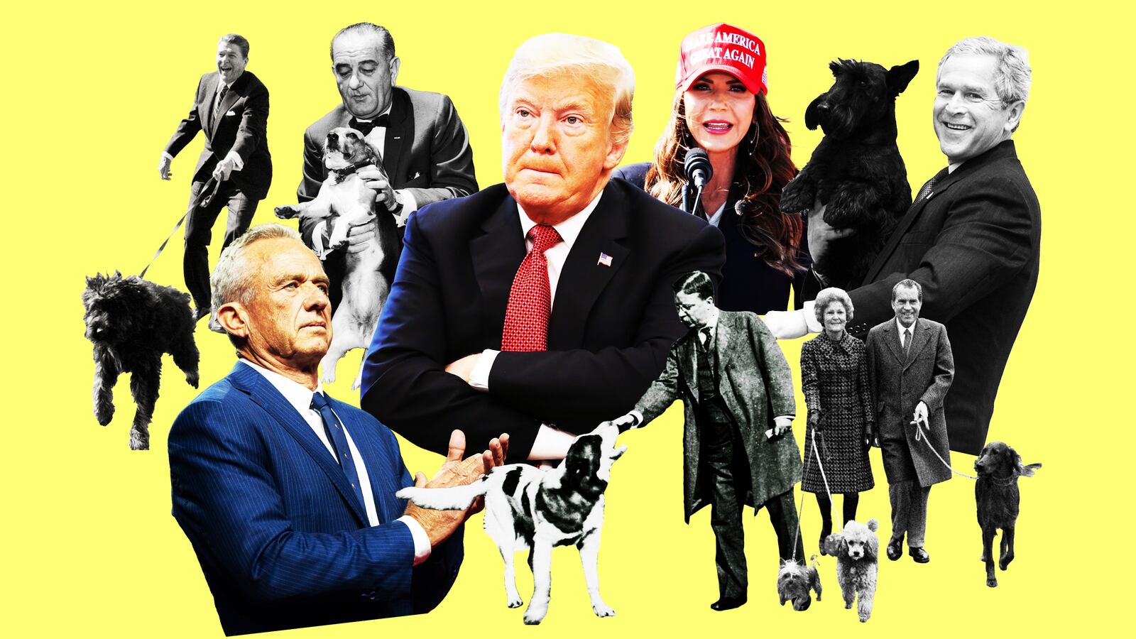 A photo illustration of Donald Trump, RFK Jr., Kristi Noem, and dogs of past presidents Reagan, LBJ, Teddy Roosevelt, Nixon, and Bush.