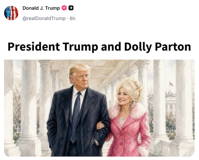 Donald Trump posts an AI image of himself and the late Dolly Parton.