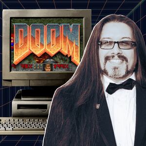 A photo composite of DOOM creator John Romero with a computer screen with DOOM video game scene.