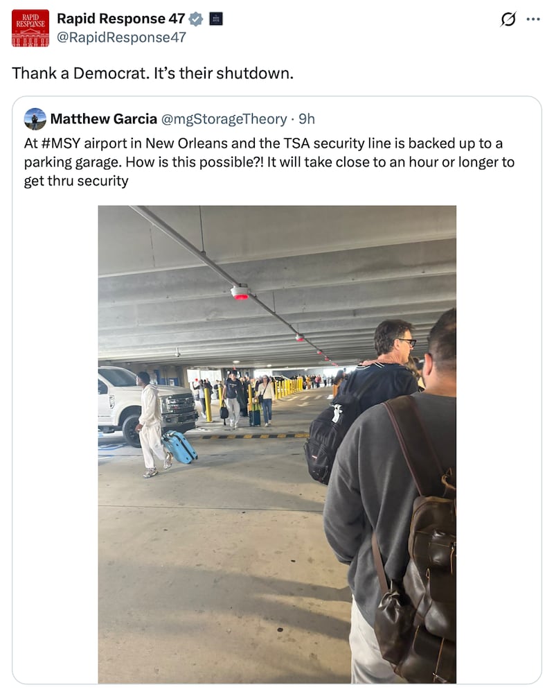 The White House's X account weigh in on delays for passengers in New Orleans.