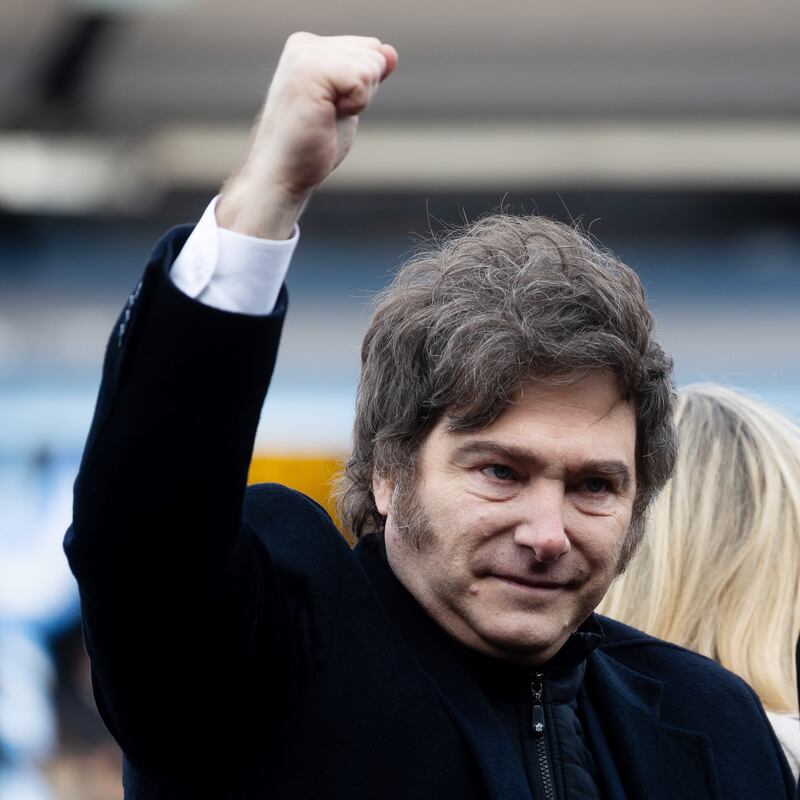 BUENOS AIRES, ARGENTINA - JULY 26: President of Argentina Javier Milei gestures during his visit to the 137th Expo Rural at La Rural Exhibition and Conference Centre on July 26, 2025 in Buenos Aires, Argentina. (Photo by Tomas Cuesta/Getty Images