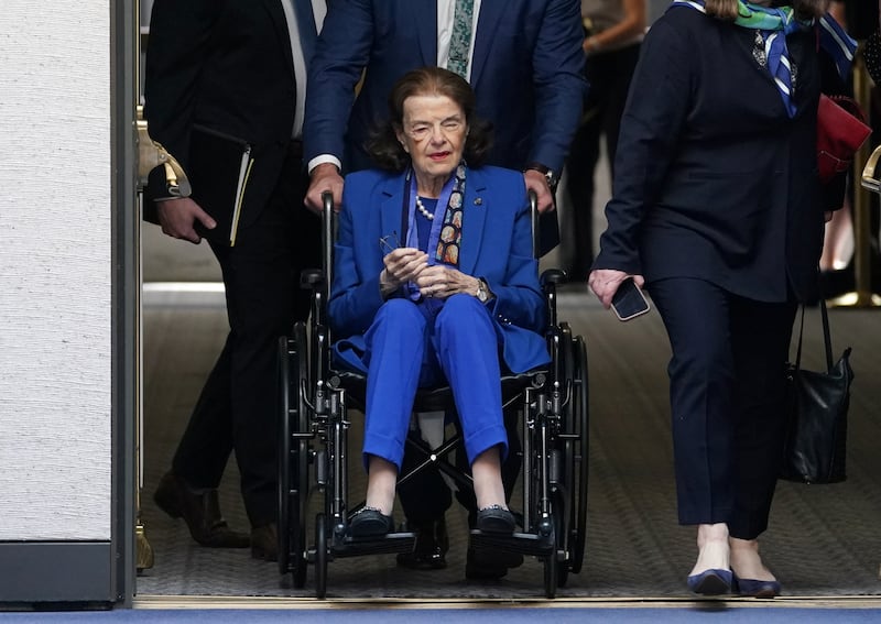 Late Senator Dianne Feinstein brought to a Senate Judiciary Committee executive business meeting to vote on legislation and pending nominations on Capitol Hill on May 11, 2023.