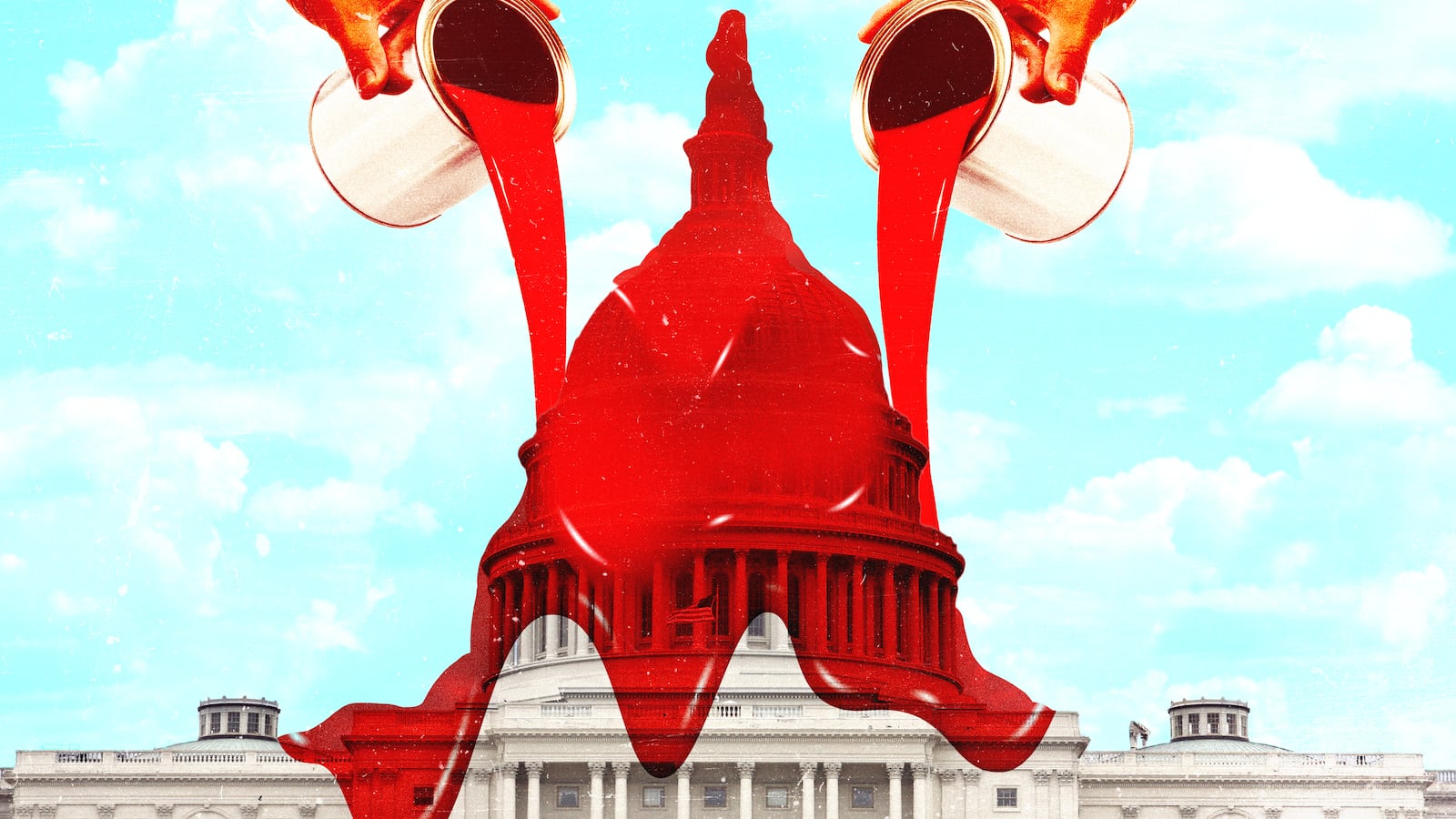 A photo illustration of red paint pouring on the Capitol building.