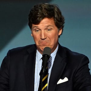 Milwaukee , Wisconsin - July 18: Tucker Carlson speaks at Fiserv Forum on July 18, 2024, on the final day of the Republican National Convention in downtown Milwaukee, Wis. Former President Donald Trump is set to be named the Republican presidential nominee during the RNC after he was injured by a bullet in an assassination attempt on July 13 during a campaign rally in Butler, Pa.