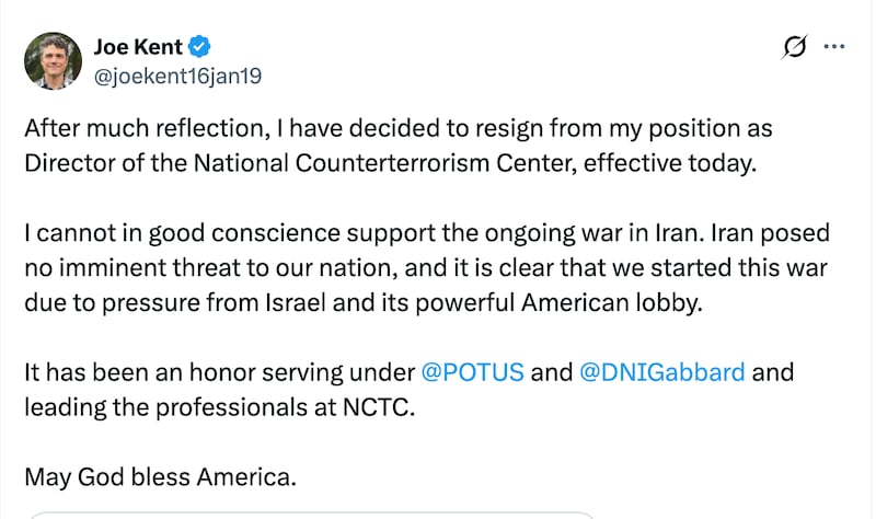 Joe Kent's post sharing his letter to the president announcing his resignation over the Iran war.