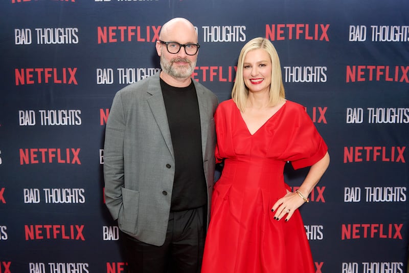 Tom Segura and Christina P attend the premiere of Tom Segura's Netflix Series "Bad Thoughts" at Braindead Studios on May 06, 2025 in Los Angeles, California.