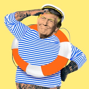 Donald Trump's head on a fat sailor's body with a striped shirt and sailor hat, saluting, and wearing an orange life saver ring around him