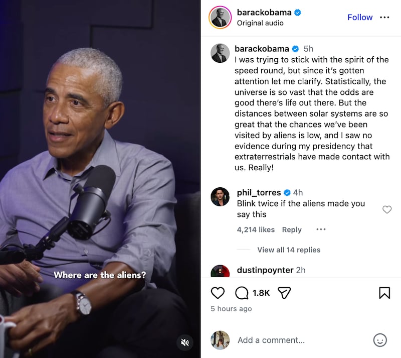 Barack Obama Instagram post about aliens